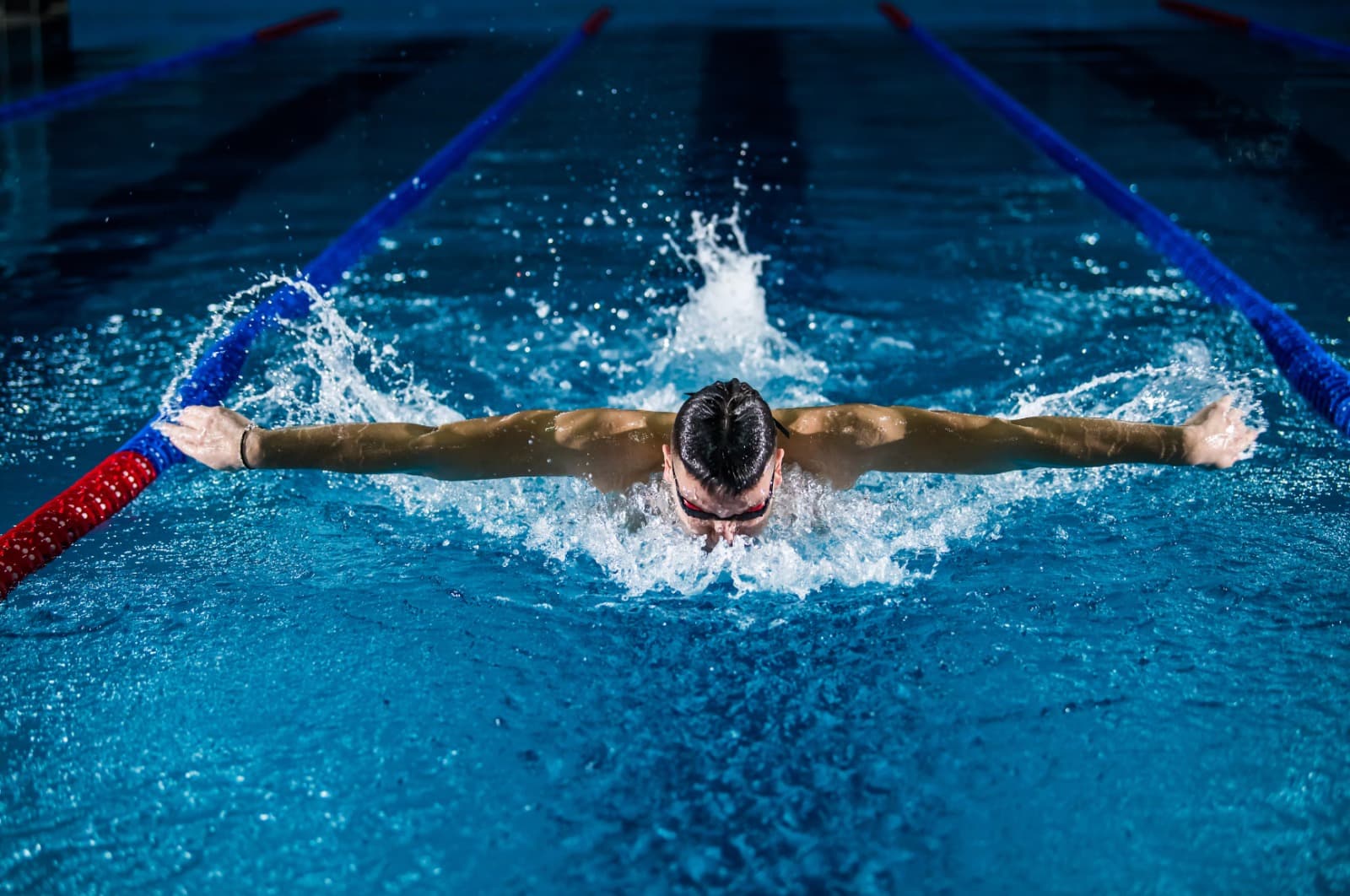 Nuotatore a delfino in una corsia della piscina